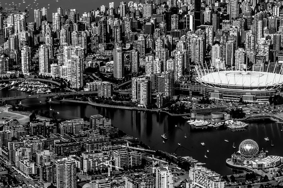 Fly over Vancouver Black and White Photograph by Michael Hope