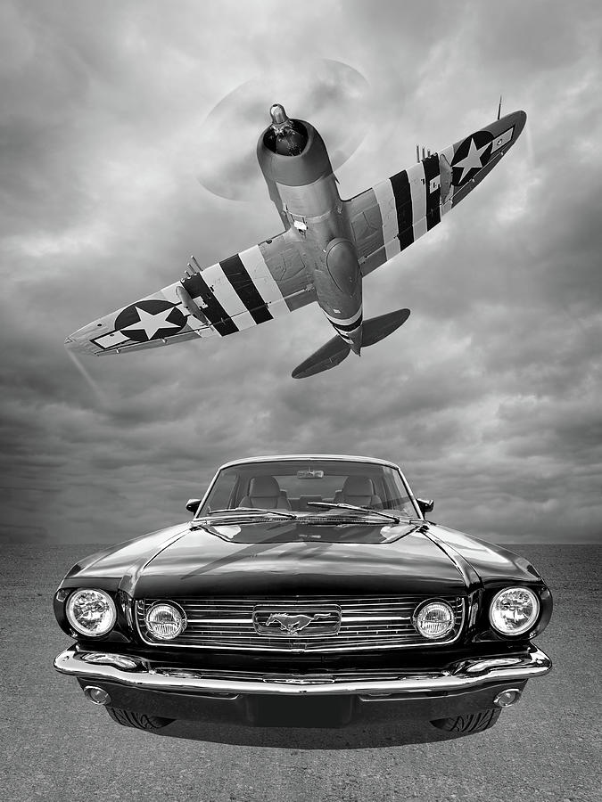 Fly Past - 1966 Mustang With p47 Thunderbolt in Black and White Photograph by Gill Billington