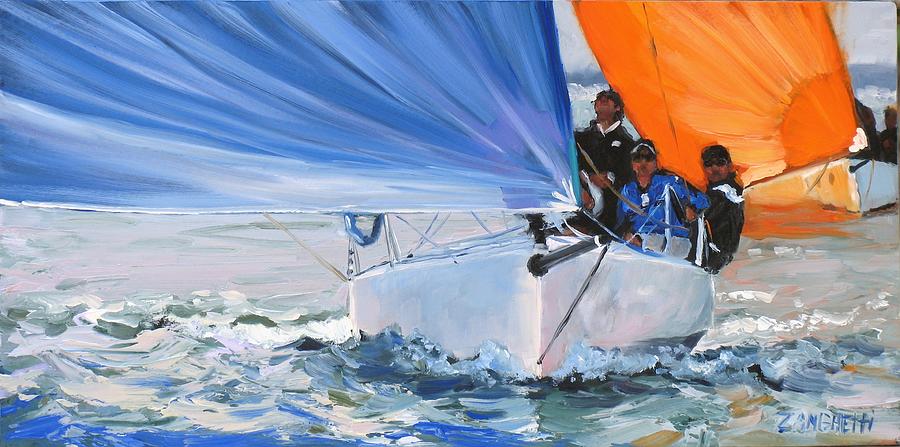 Sailboats Painting - Flying Colors by Laura Lee Zanghetti
