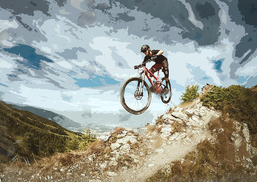 Sports Painting - Flying Downhill on a Mountain Bike by Elaine Plesser
