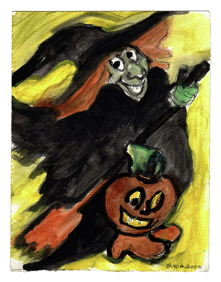Flying Giddy Halloween Witch Painting by Katt Yanda