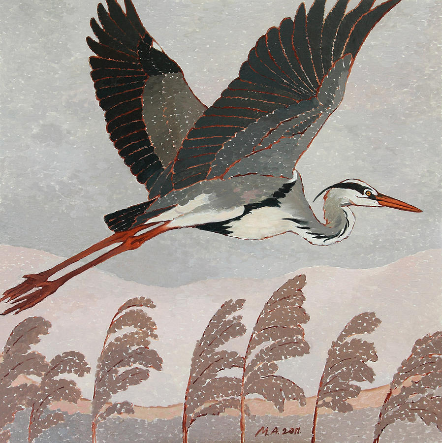 Flying Heron Painting by Attila Meszlenyi