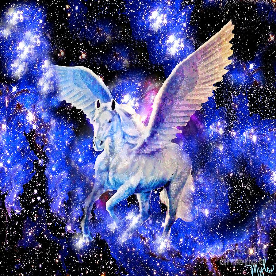 Flying Horse in the Starry Night Sky Painting by Saundra Myles