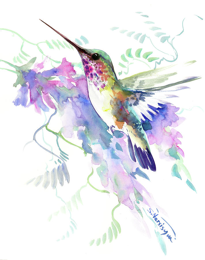 Flying Hummingbird and Soft Purple Pink Flowers Painting by Suren Nersisyan