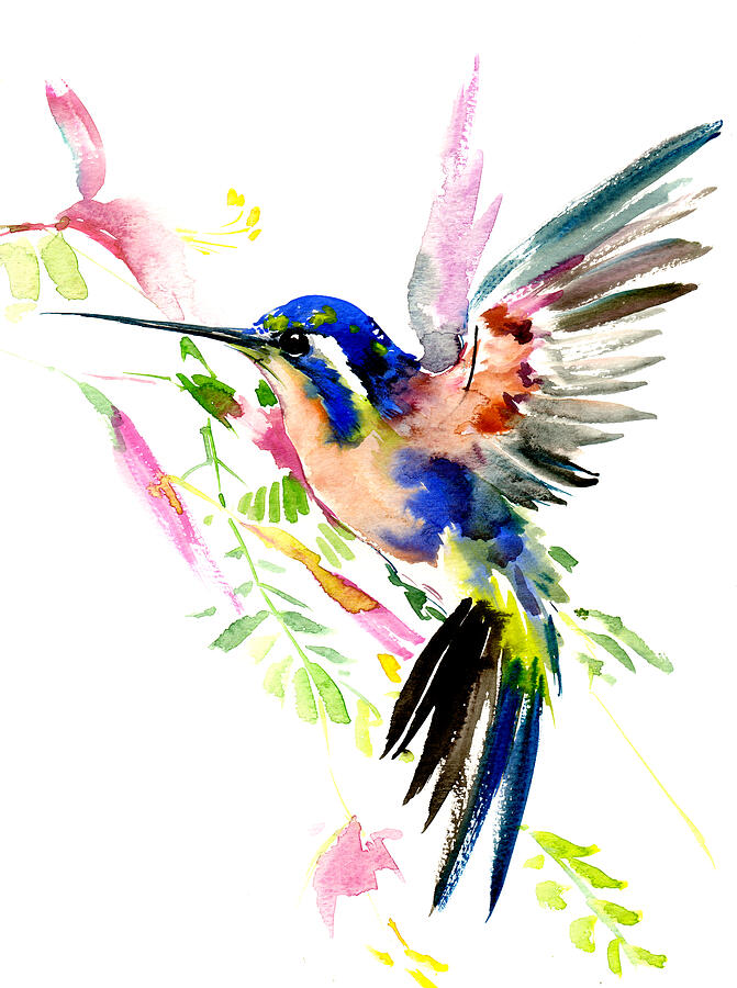 Hummingbird Painting - Flying Hummingbird Blue Peach colors by Suren Nersisyan