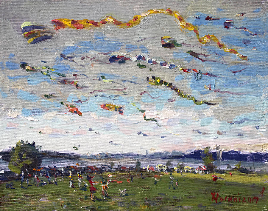 Flying Kites over Gratwick Park Painting by Ylli Haruni