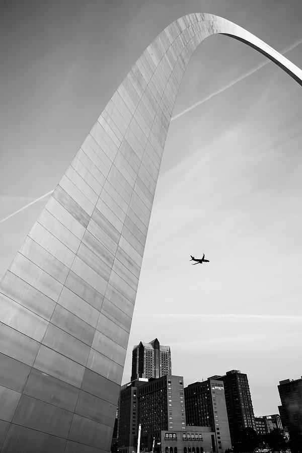 Black And White Photograph - Flying Over the Saint Louis City Skyline - Black and White by Gregory Ballos