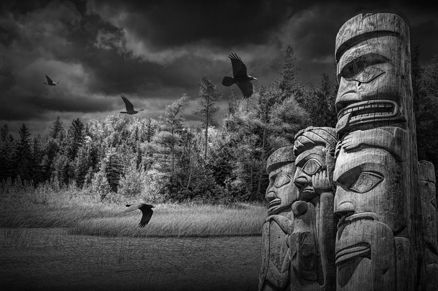 Raven Photograph - Flying Ravens and Totem Poles in Black and White by Randall Nyhof