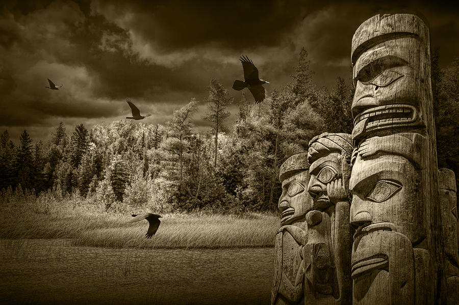 Raven Photograph - Flying Ravens and Totem Poles in Sepia Tone by Randall Nyhof