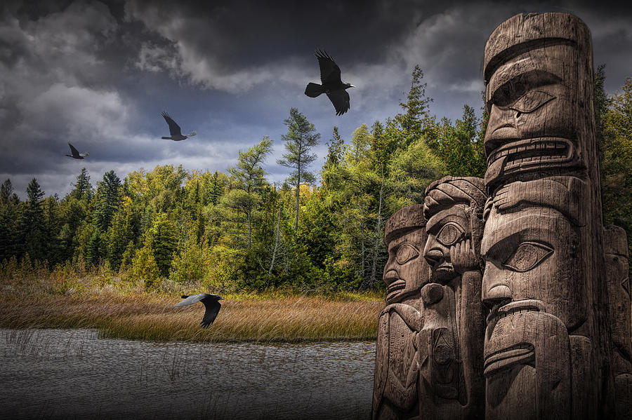 Flying Ravens And Totem Poles In The Wilderness Photograph