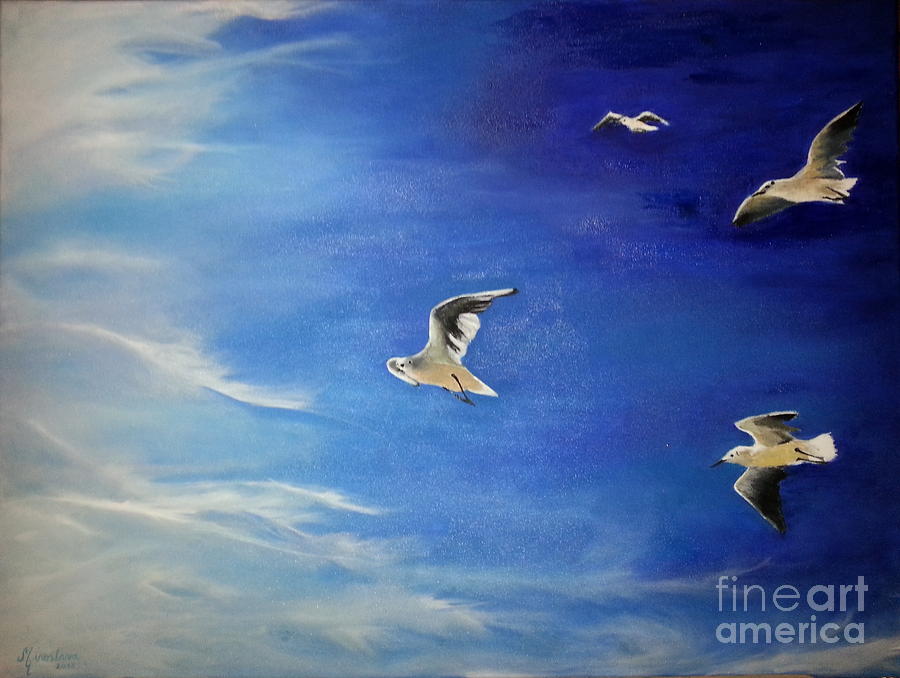 Flying Seagulls Painting by Silvana Miroslava Albano