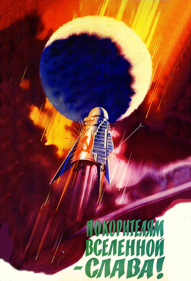 Flying space rocket, Soviet propaganda poster Painting by Long Shot