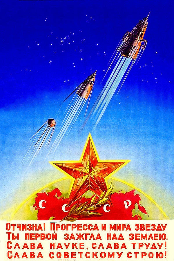 Flying Painting - Flying space rockets and satellites from USSR, Soviet propaganda poster by Long Shot