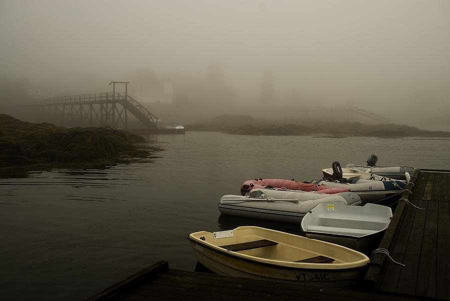 Boat Photograph - Fog and Dingies in Cape Harbor Maine on a Misty Morning by Mark Emmerson