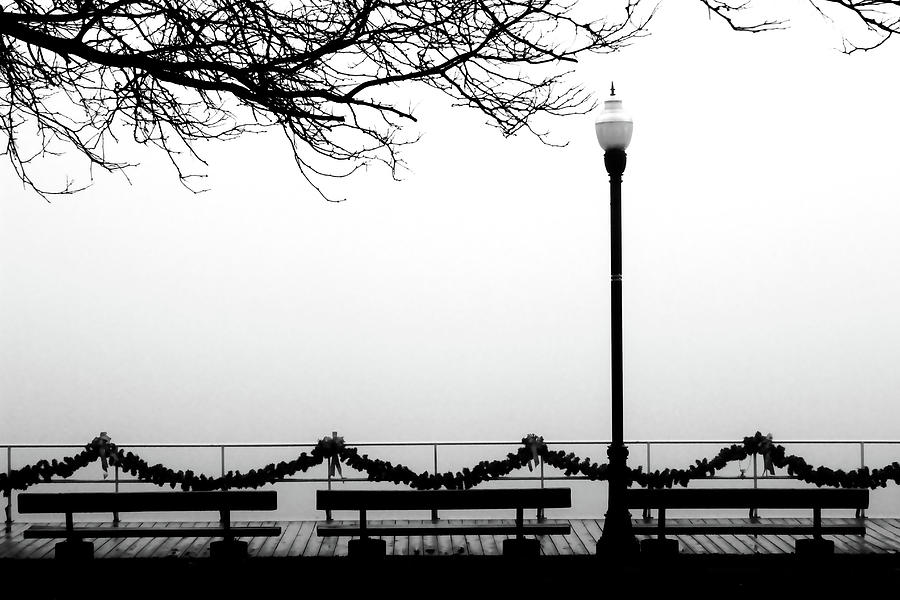 Fog on the Boardwalk 2 BW Photograph by Mary Bedy