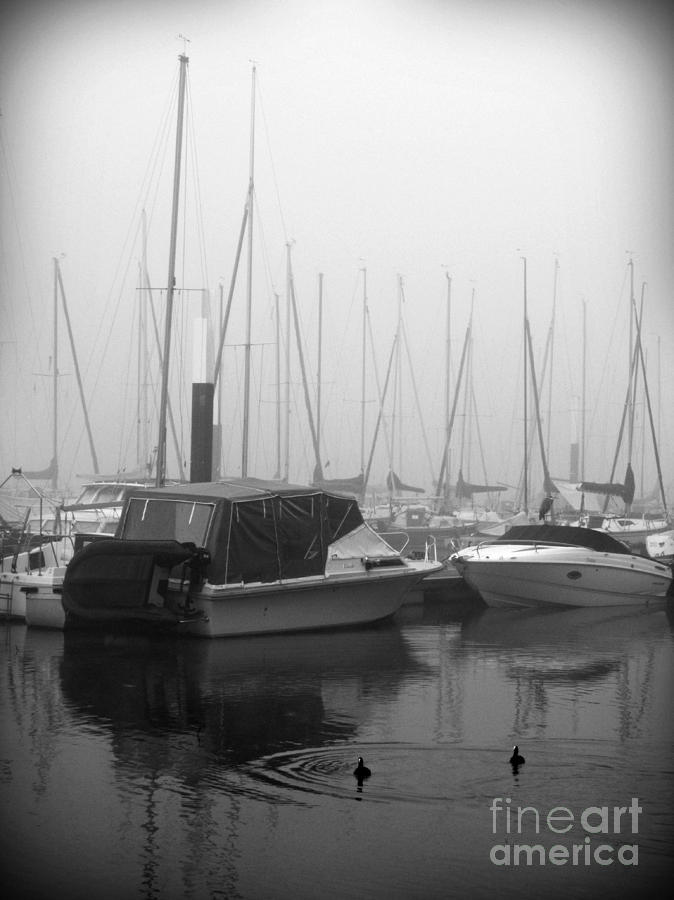 Boat Photograph - Fog on the Rhine 2 Grayscale by Sarah Loft