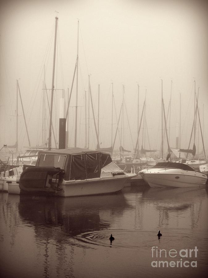 Boat Photograph - Fog on the Rhine 2 Sepia by Sarah Loft
