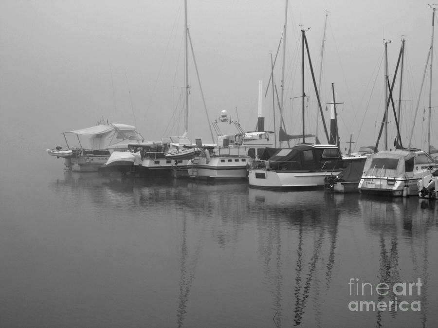 Boat Photograph - Fog on the Rhine  Grayscale by Sarah Loft