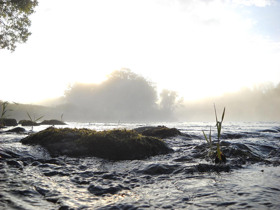 Fog over Mississippi river rocks Photograph by Kent Lorentzen