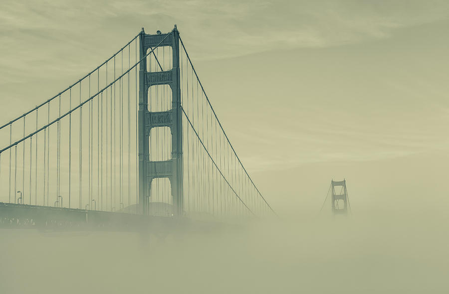 Golden Gate Bridge Photograph - Fog Under Bridge - yellow tone by Jonathan Nguyen
