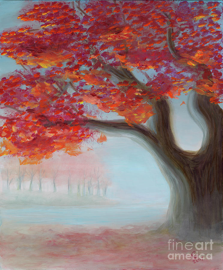 Foggy Autumn Painting by Rebecca Parker