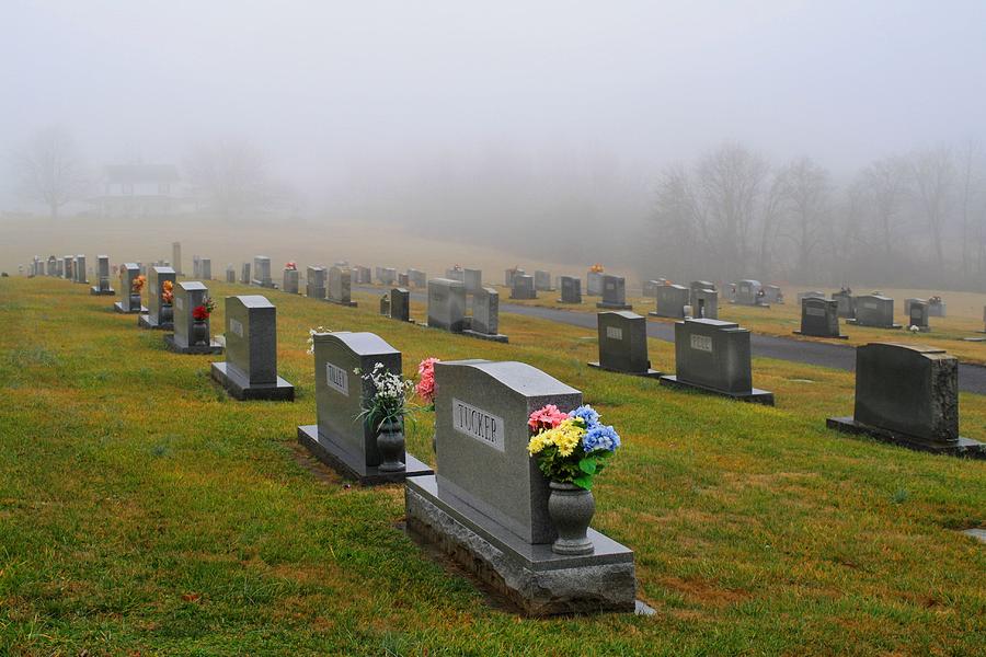 Winter Photograph - Foggy Cemetery by Kathryn Meyer