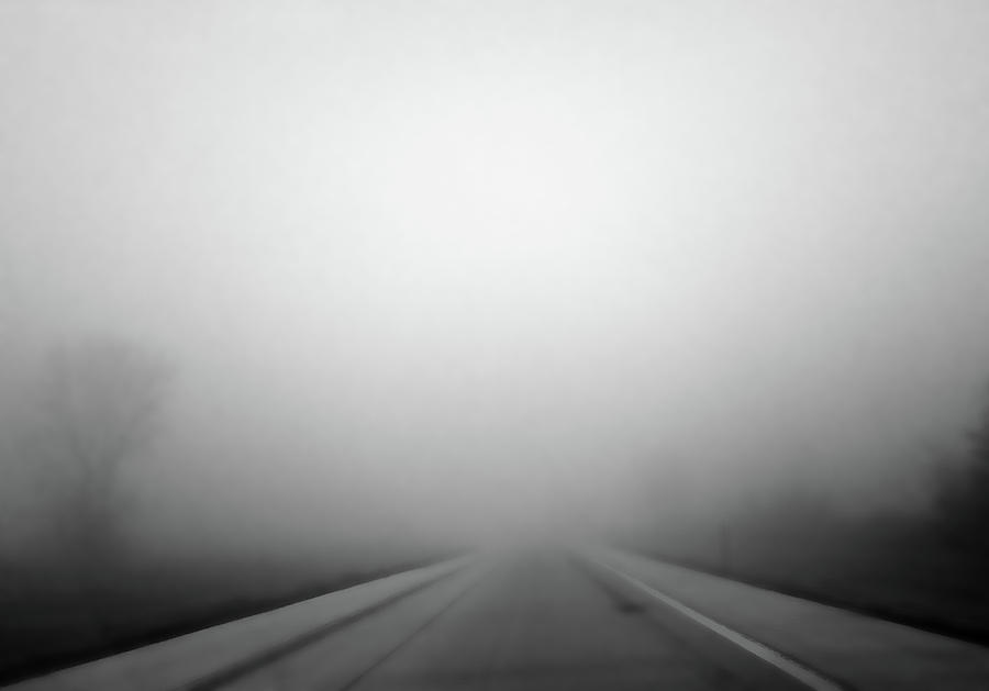 Foggy Drive 1 BW Photograph by Mary Bedy