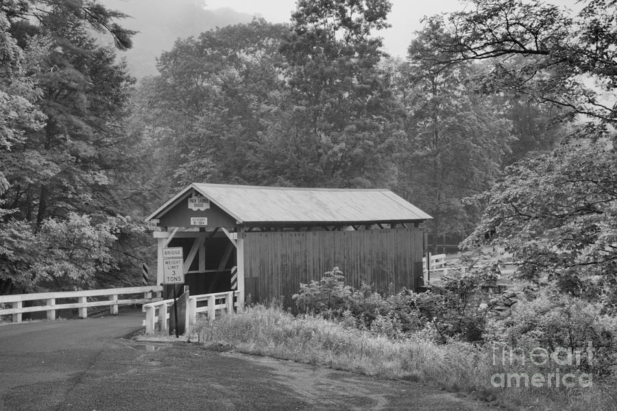 Foggy Evening At The Packsaddle Covered Bridge Black And White Photograph by Adam Jewell