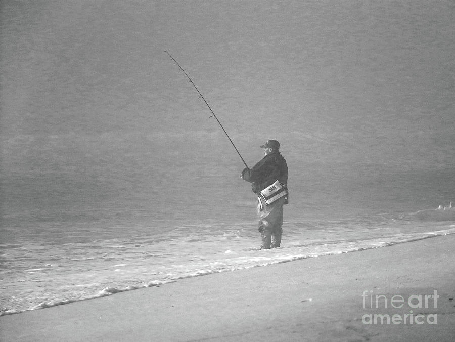 Foggy Fisherman in BW Photograph by Mary Haber