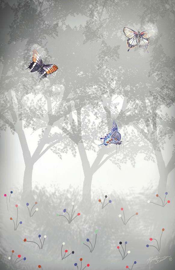 Foggy Forest with Giant Butterflies Digital Art by Rosalie Scanlon