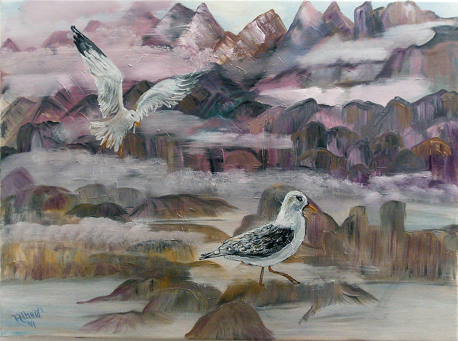 Bird Painting - Foggy Gulls by Mikki Alhart