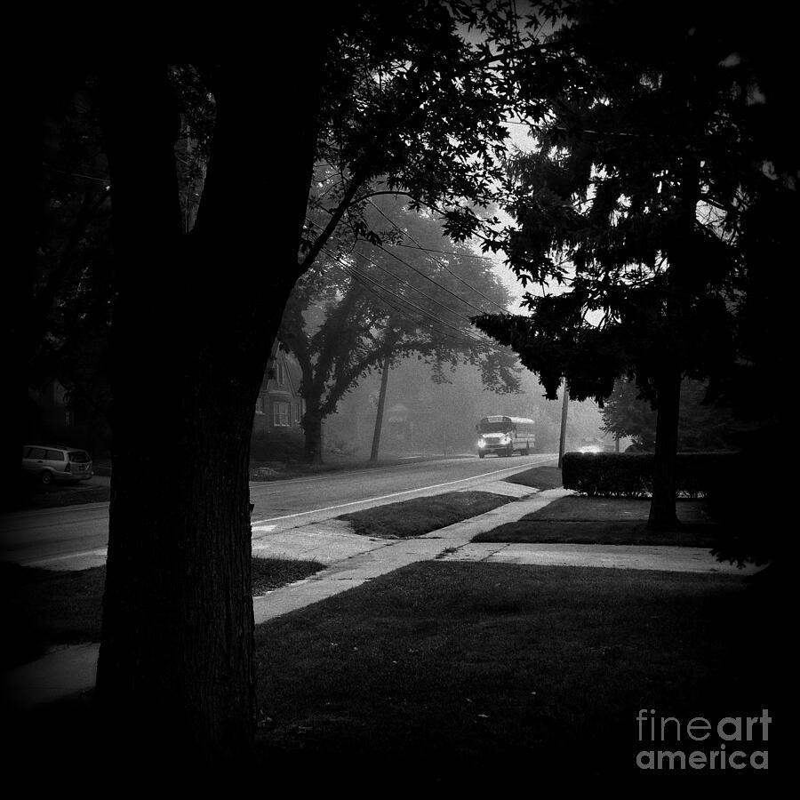 Foggy Morning Bus Ride - Black and White Photograph by Frank J Casella