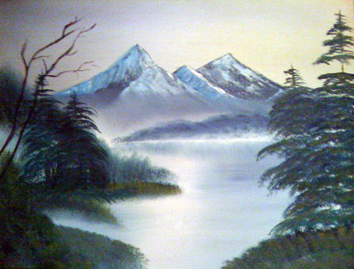 foggy mountain painting