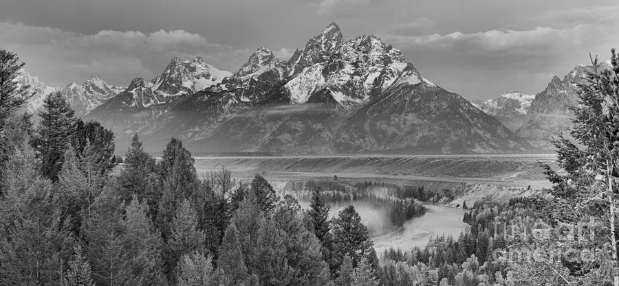Foggy Snake River Morning Crop Black And White Photograph by Adam Jewell