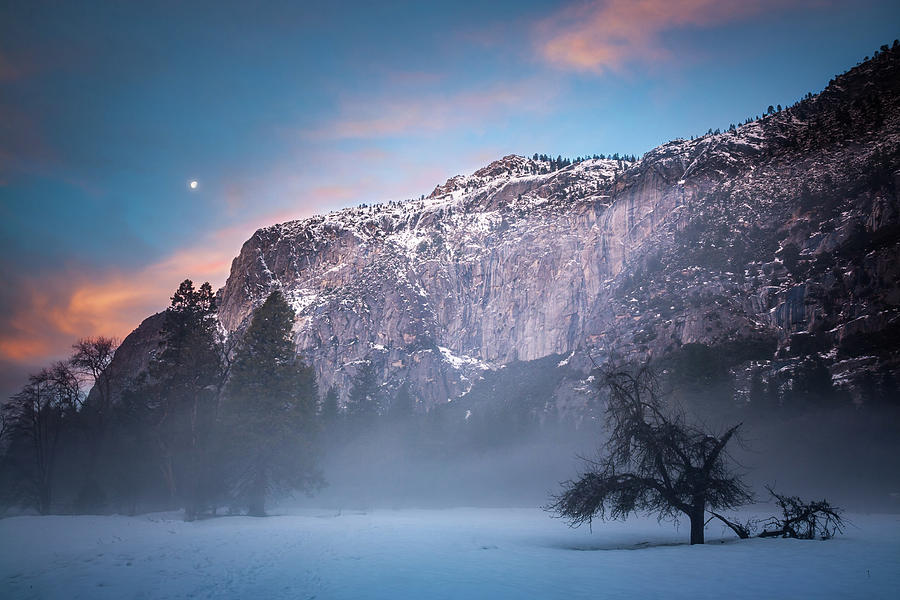 Foggy Yosemite morning with moon and clouds Photograph by William Lee