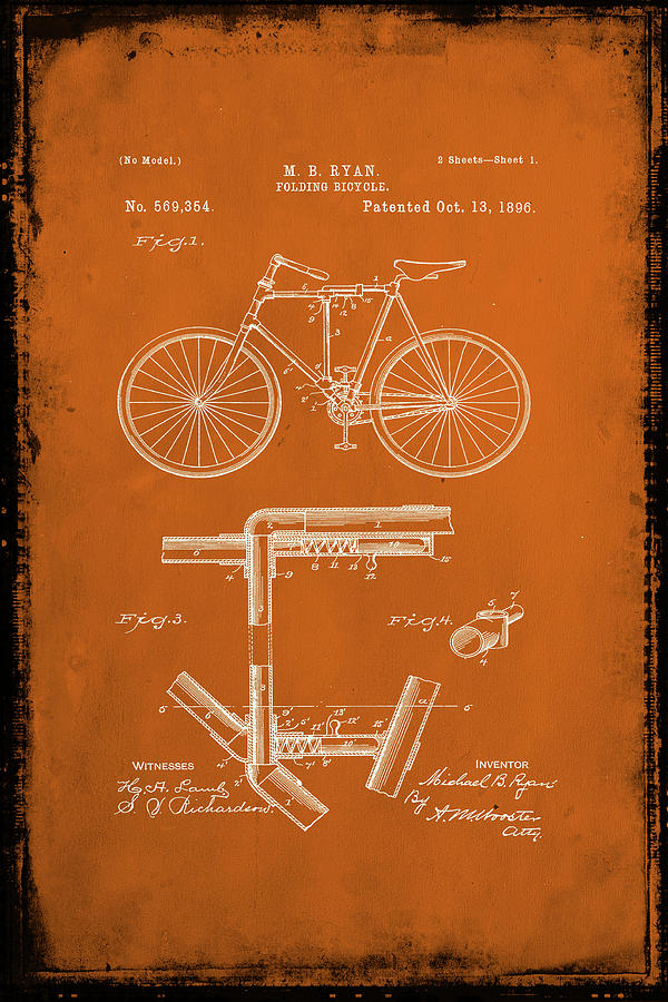 Folding Bycycle Patent Drawing 1g Mixed Media by Brian Reaves