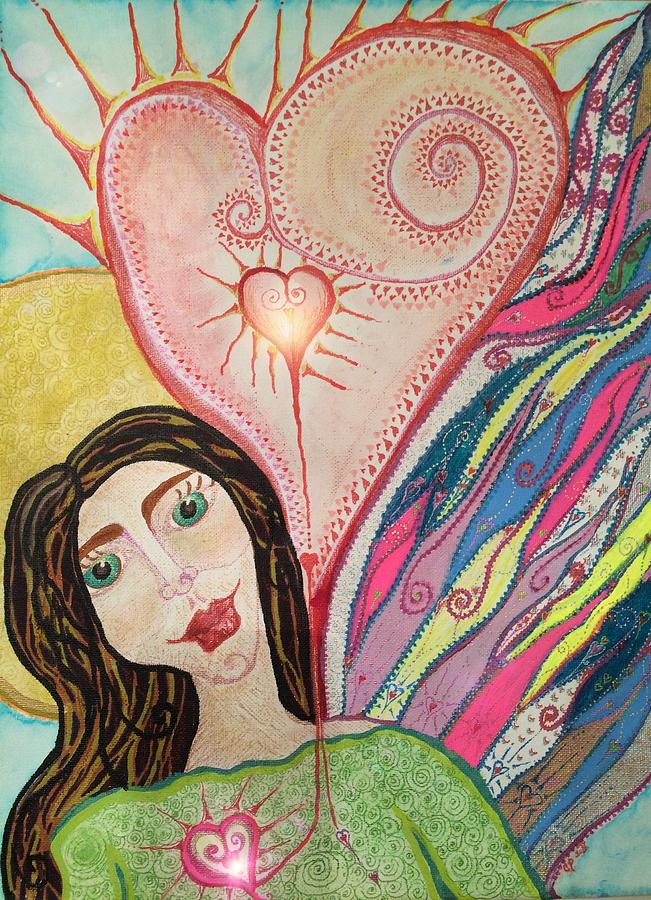 Folk Angel w Heart Painting by Christine Paris