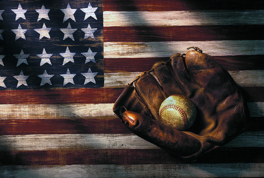 Flag Photograph - Folk art American flag and baseball mitt by Garry Gay