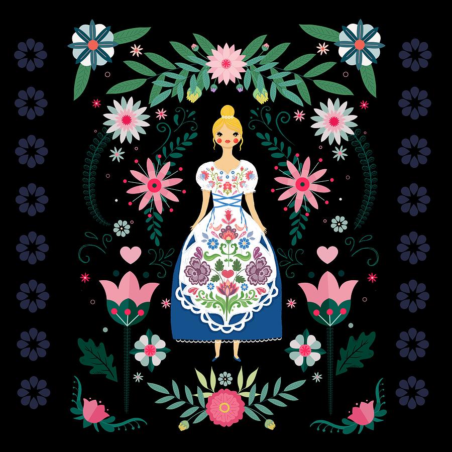 Flower Painting - Folk Art Forest Fairy Tale Fraulein by Little Bunny Sunshine