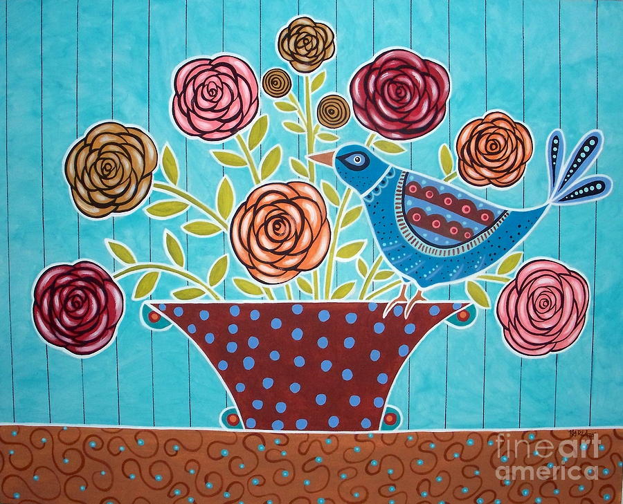 Flower Painting - Folk Bird And Flowers by Karla Gerard