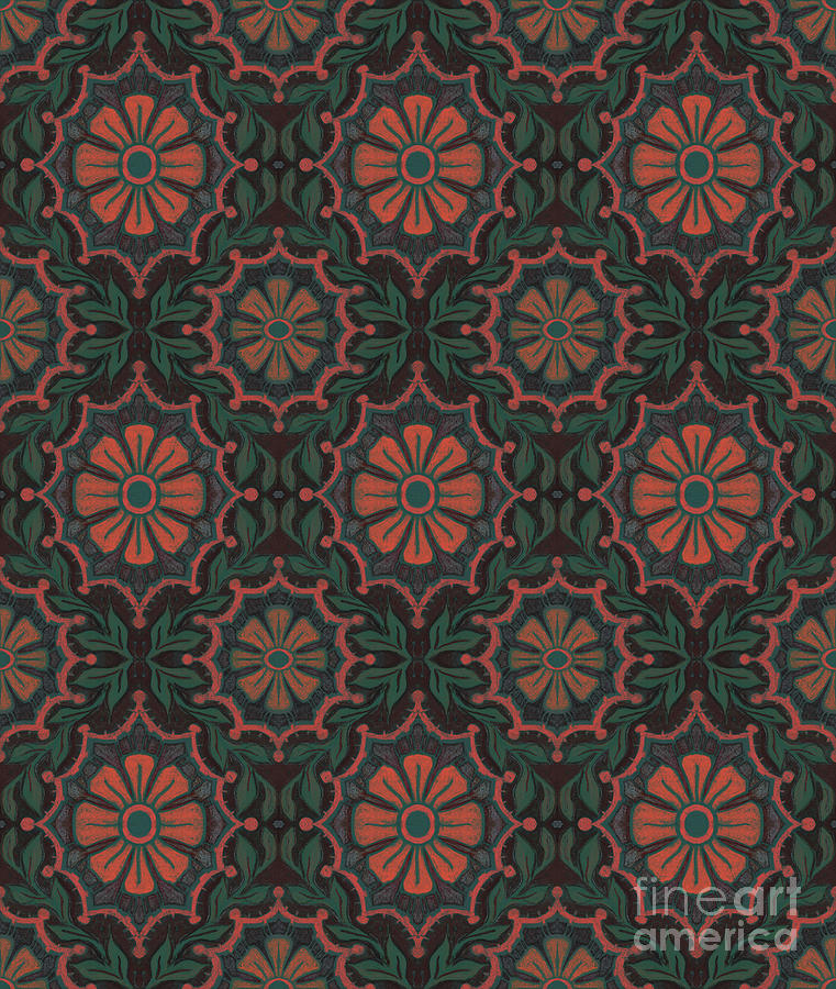 Folk flower, floral pattern, orange, green and black Digital Art by Julia Khoroshikh