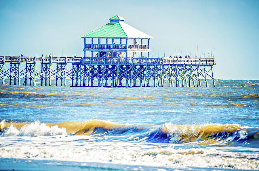 Folly Beach Fishing Pier And Waves Crashing Into Land On Sunny D Photograph by Alex Grichenko