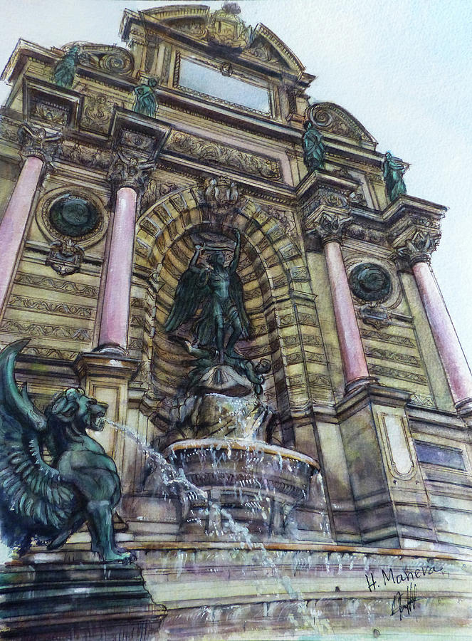 Fontaine Saint- Michel, Paris Painting by Henrieta Maneva