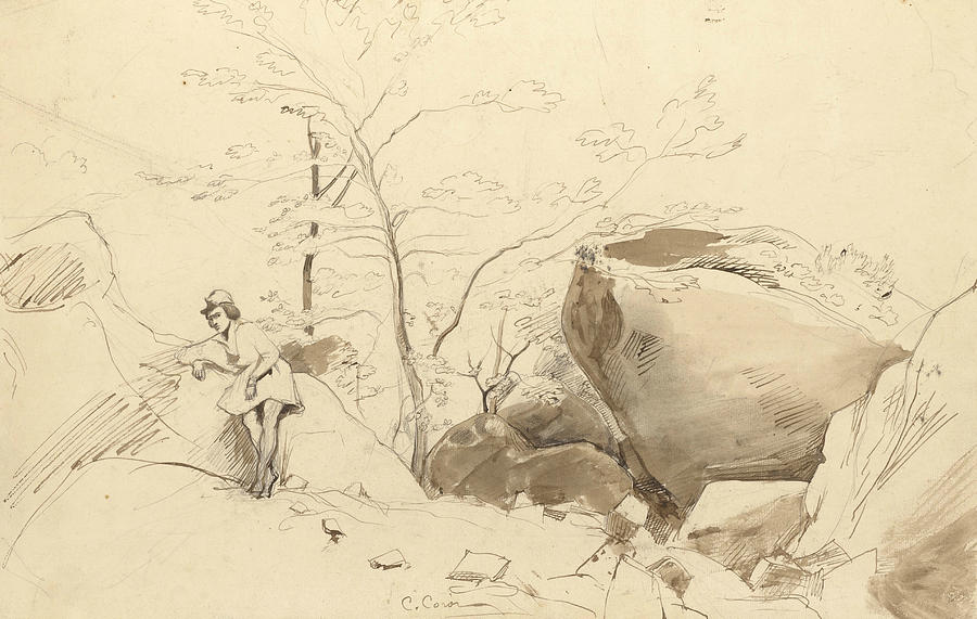 Fontainebleau, Figure Leaning Against a Rock Drawing by Jean-Baptiste-Camille Corot