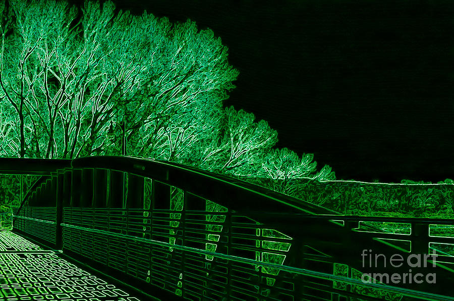 Abstract Digital Art - Foot Bridge Looking Right in Green by Brenda Landdeck