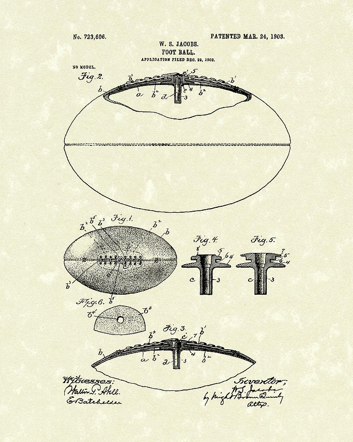 Football 1903 Jacobs Patent Art Drawing by Prior Art Design