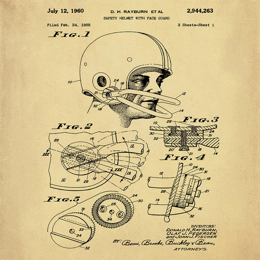 Football Helmet Patent 1960 in Sepia Photograph by Bill Cannon