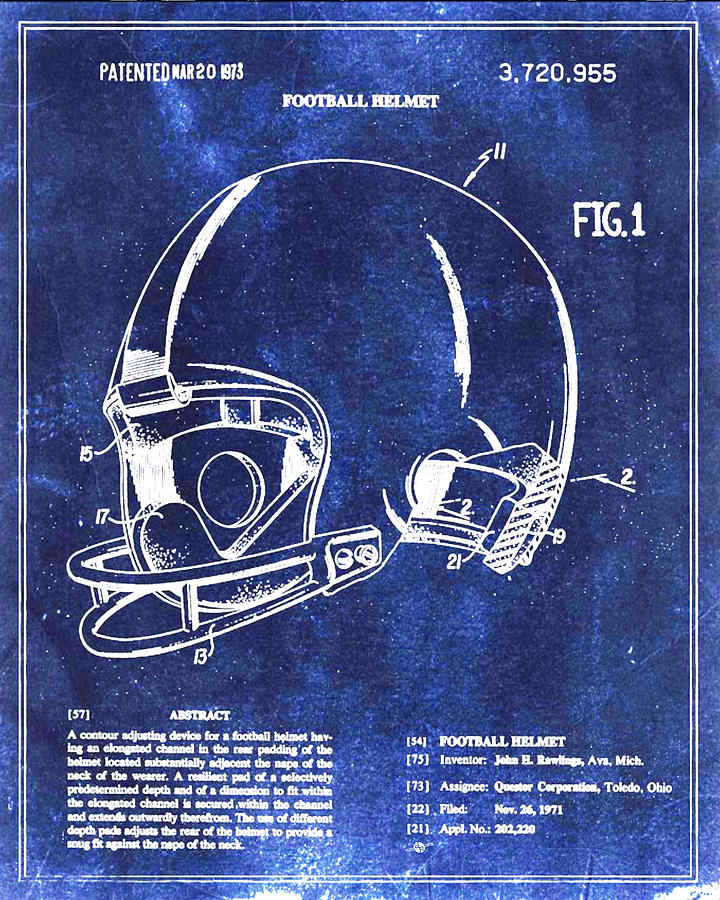 Vintage Mixed Media - Football Helmet Patent Blueprint Drawing by Tony Rubino