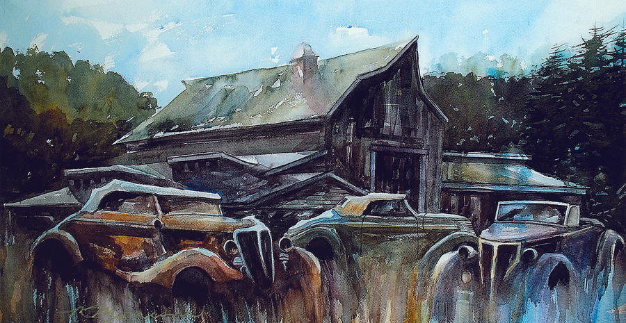 Barn Painting - Ford Cabriolets Guard the Barn by Ron Morrison Barn Painting - Ford Cabriolets Guard the Barn by Ron Morrison