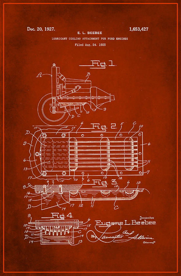 Ford Engine Lubricant Cooling Attachment Patent Drawing 1g Mixed Media by Brian Reaves